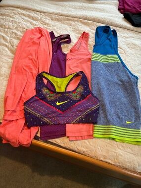 Nike Purple Patterned Sports Bra with Neon Accents + Coral & Blue Tanks